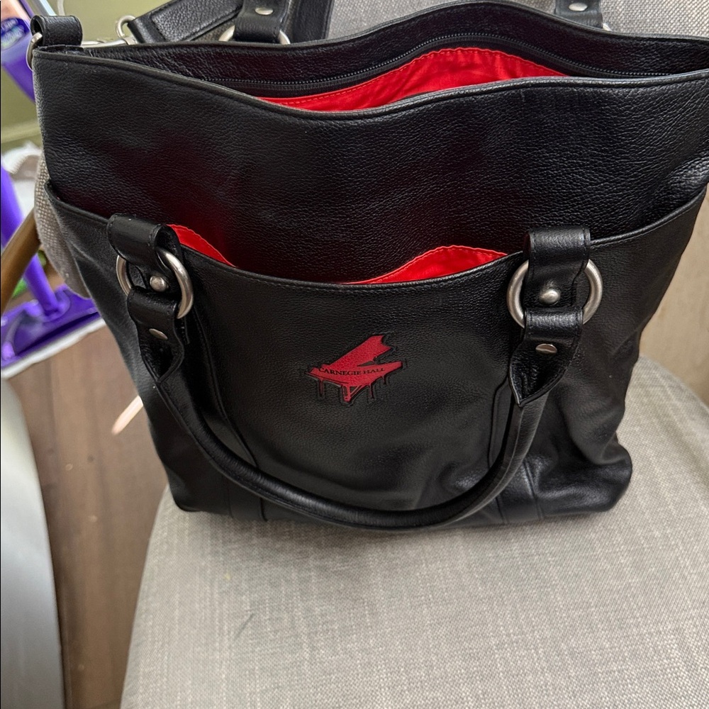 Carnegie Hall Black Leather Tote Bag with Red Logo-fits a computer or laptop. - Picture 5 of 10